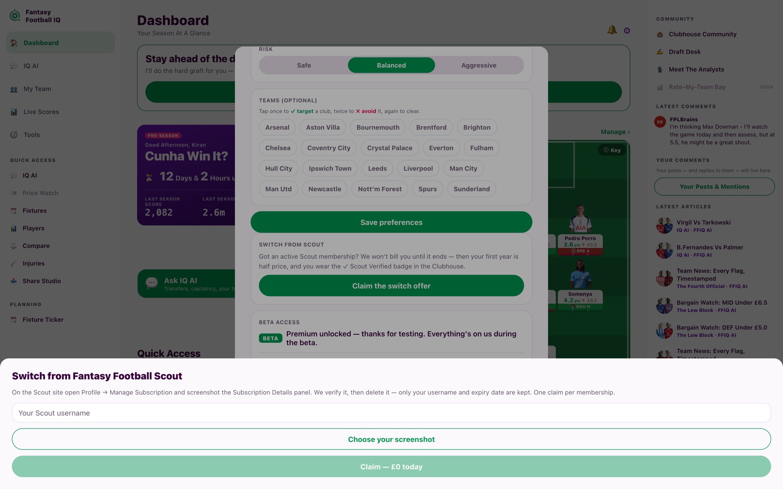 The Switch from Scout claim inside Fantasy Football IQ: username, screenshot, £0 today