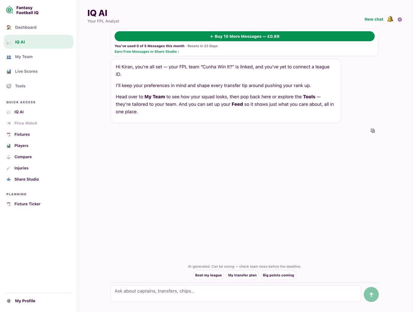 IQ AI answering a captaincy question inside Fantasy Football IQ