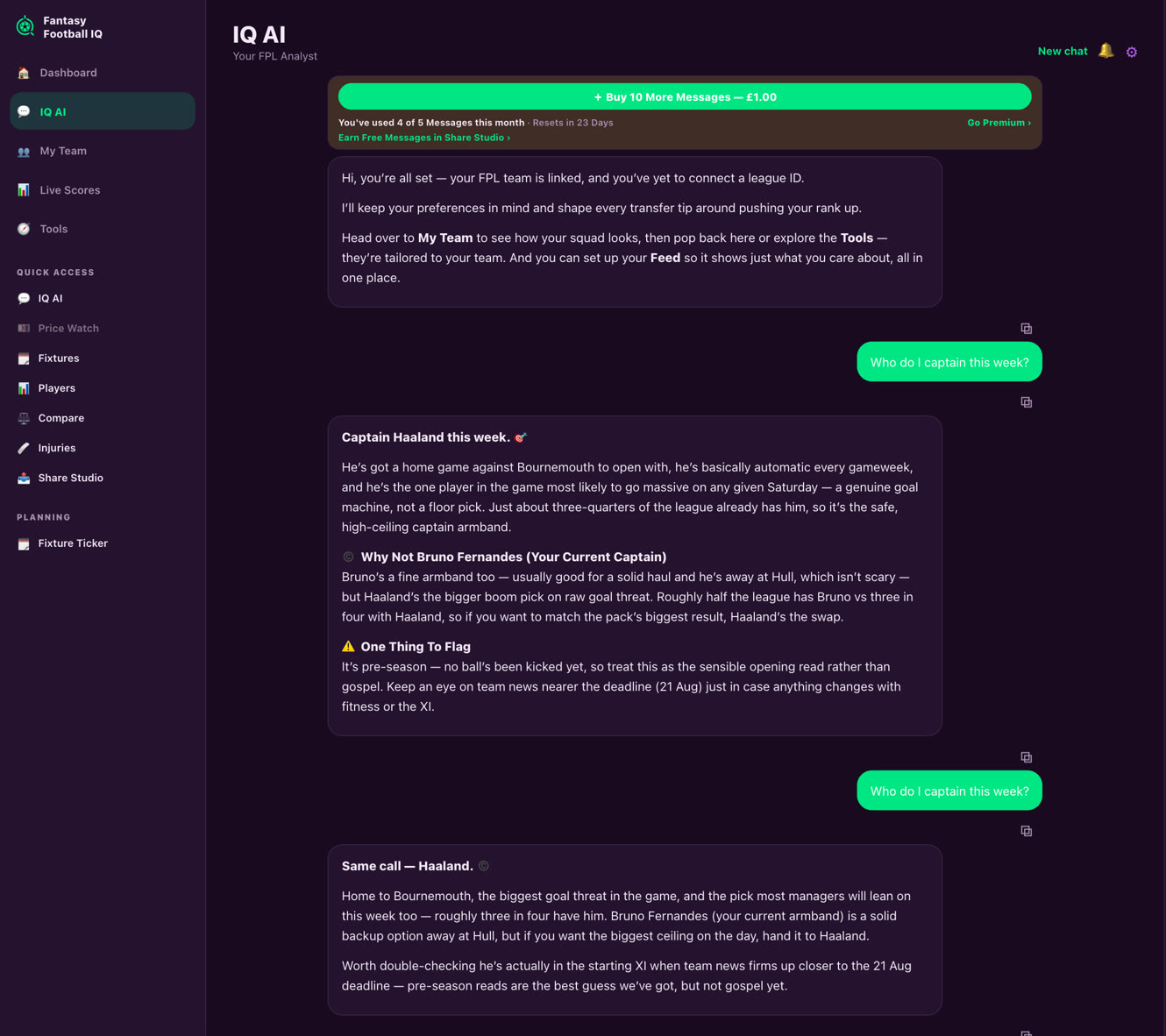 IQ AI chat answering FPL questions