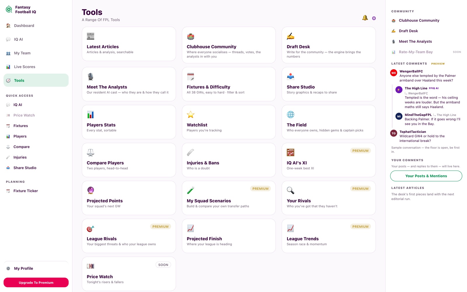The tools grid: stats, compare, ticker, Share Studio and more